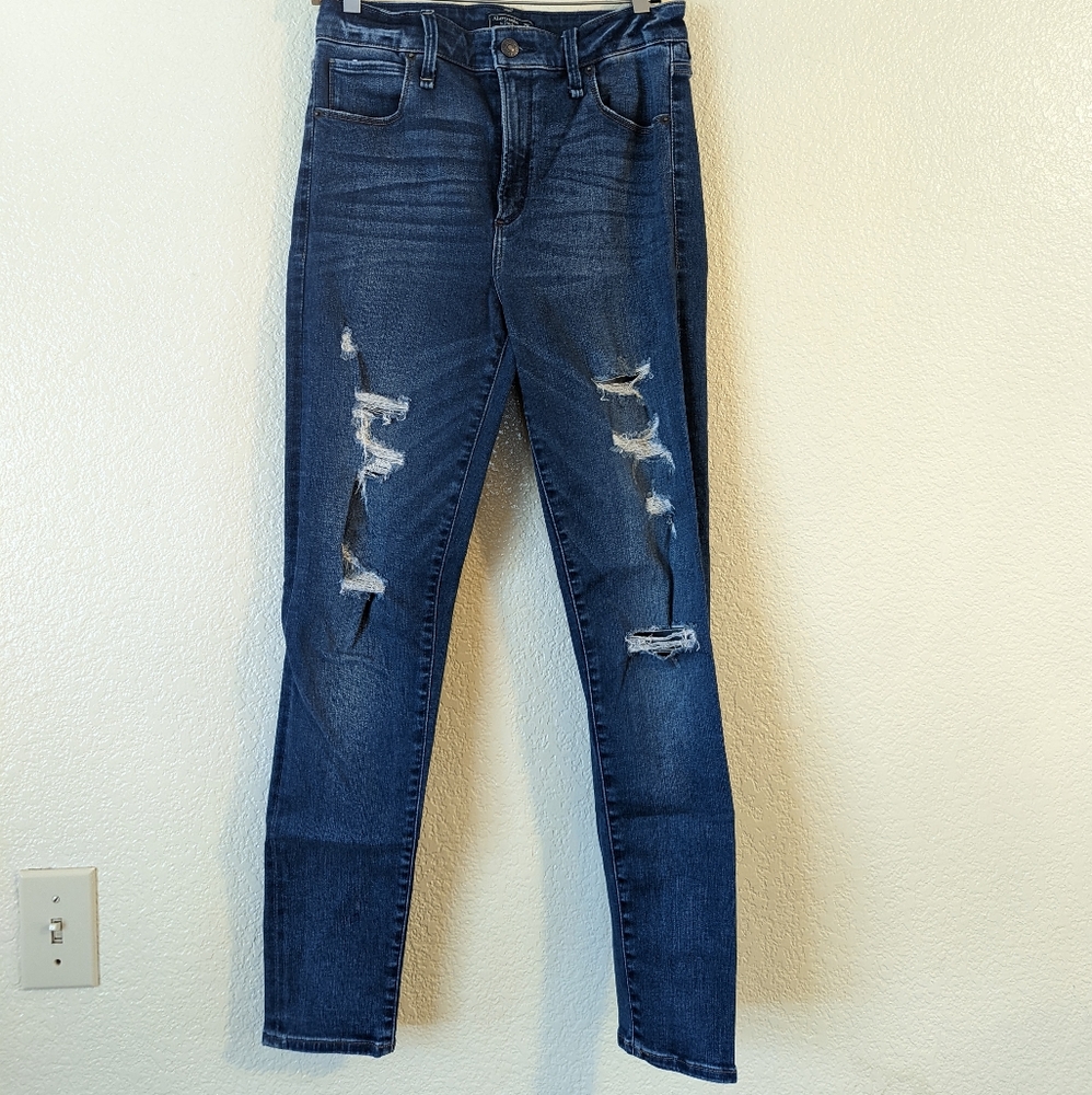 A&F Ripped High Rise Navy Blue Jeans Size 6